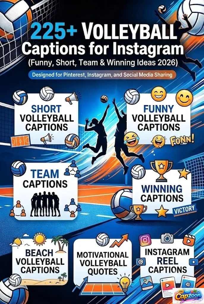 225+ volleyball captions for Instagram infographic featuring funny, short, team, winning, beach volleyball, and motivational caption ideas for players and fans.
