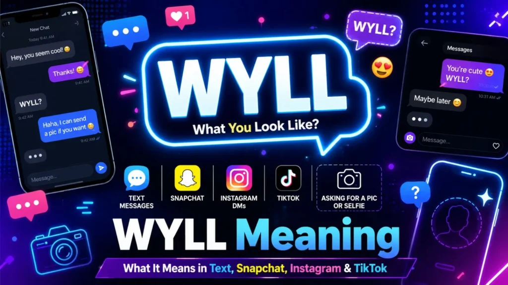 WYLL Meaning infographic explaining what WYLL means in text messages, Snapchat, Instagram, TikTok, and online chat conversations.