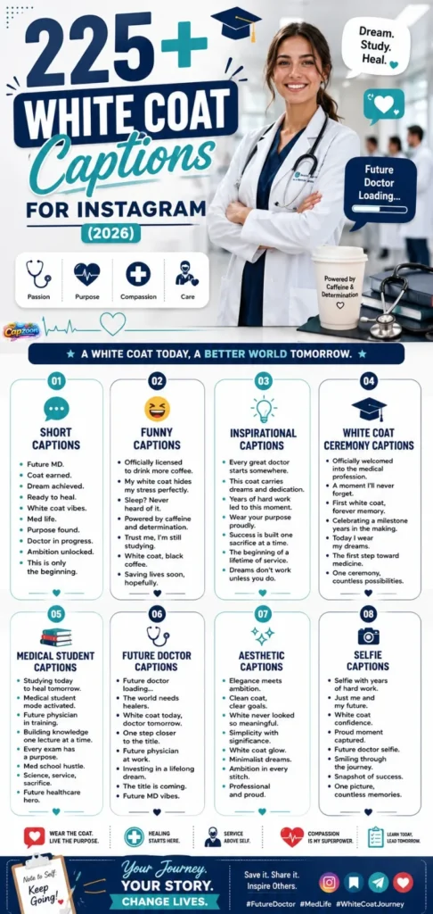 225+ White Coat Captions for Instagram infographic featuring medical student, White Coat Ceremony captions, future doctor quotes, funny medical captions, and inspirational healthcare Instagram ideas.