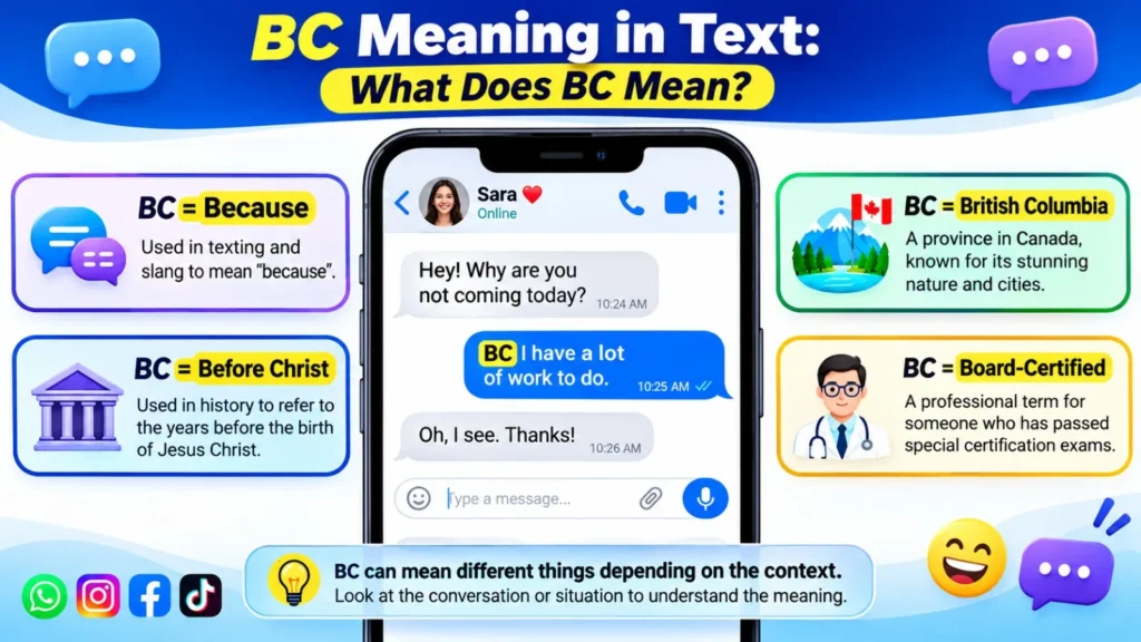 BC meaning in text infographic explaining because abbreviation, before Christ, British Columbia, and board-certified.