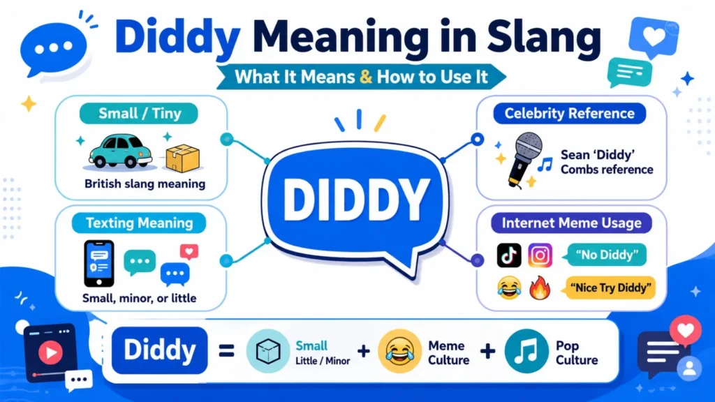 Diddy meaning in slang infographic explaining small meaning, texting usage, No Diddy meme phrase, and Sean Diddy Combs reference.