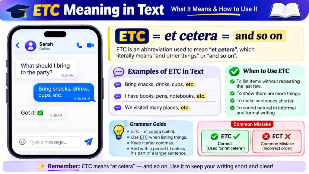 ETC meaning in text infographic explaining et cetera abbreviation, correct usage, examples, ETC vs ECT difference.