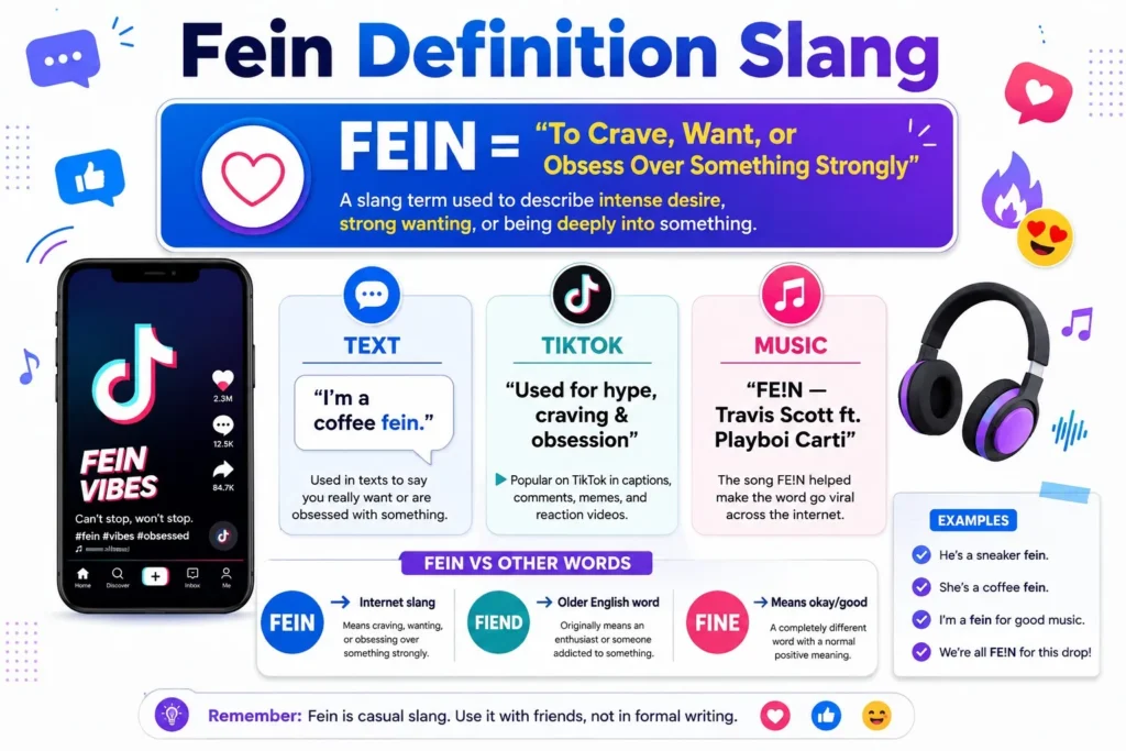 Fein Definition Slang infographic explaining what fein means in text, TikTok, and music.