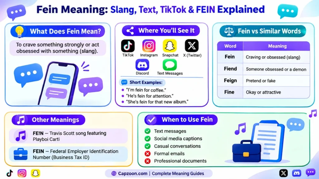 Fein meaning infographic explaining slang, text message use, TikTok meaning, FE!N song, FEIN business acronym, examples, and word comparisons.