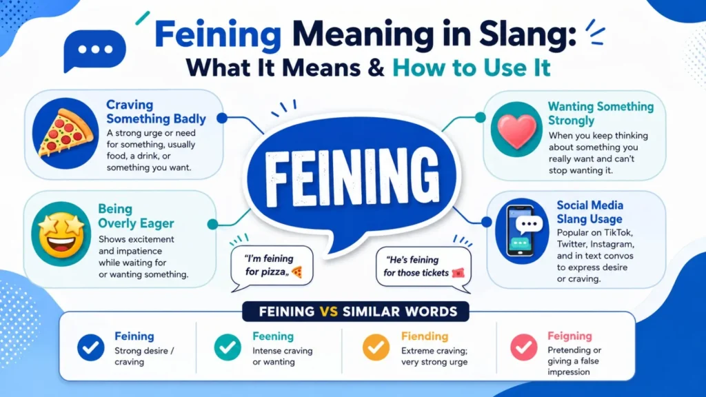Feining meaning in slang explained with examples, showing the difference between feining, feening, fiending, and feigning.