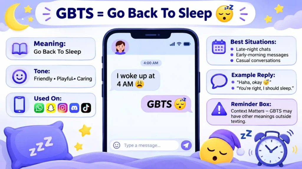 GBTS meaning in text infographic explaining that GBTS means Go Back To Sleep, with examples, usage in texting, social media platforms, and common replies.