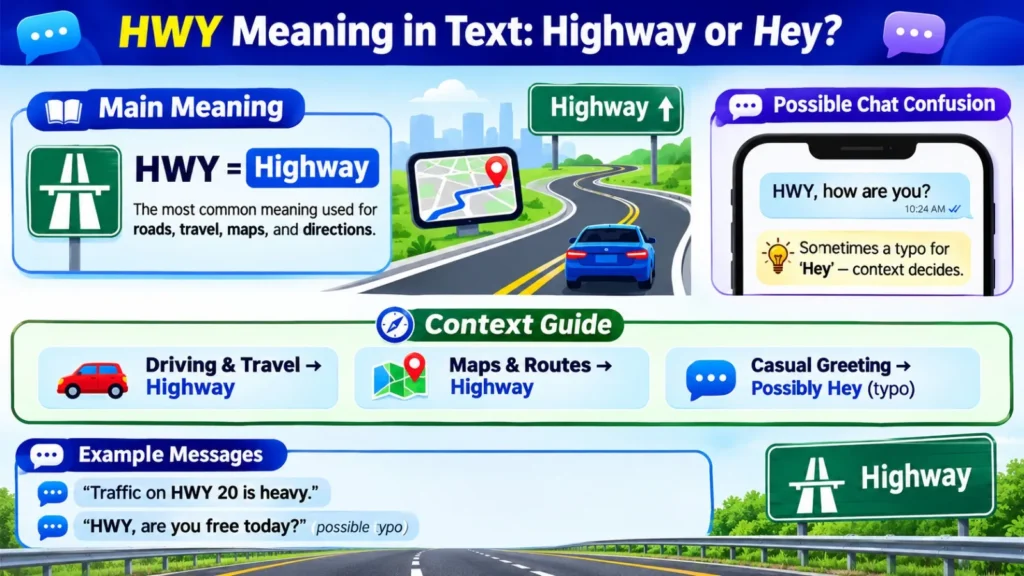 HWY Meaning in Text infographic explaining that HWY usually means highway but can sometimes be a typo for hey in casual messages.