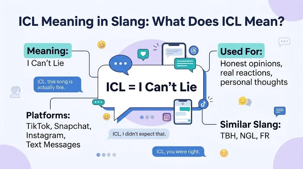 ICL Meaning in Slang infographic explaining “I Can’t Lie,” its text usage, TikTok and Snapchat examples, and related slang terms like TBH and NGL.