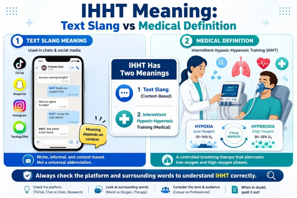 IHHT meaning infographic showing the difference between the text slang meaning of IHHT and the medical term intermittent hypoxic-hyperoxic training with examples and context clues.