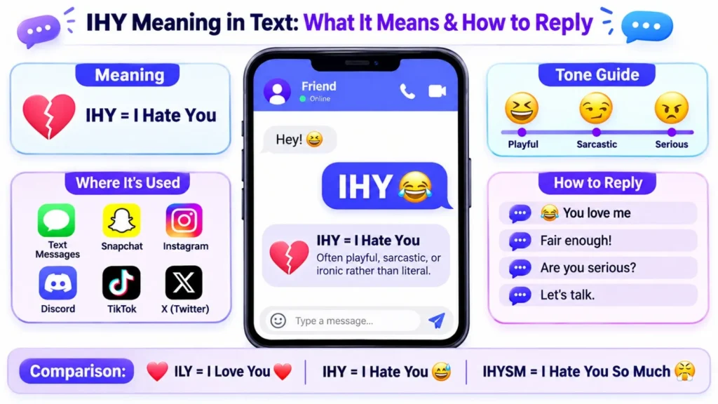 IHY meaning in text infographic explaining that IHY means "I hate you," its sarcastic and playful usage, examples, replies, and social media context.