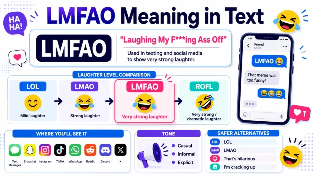 LMFAO meaning in text explained with its definition, examples, tone, and comparison with LOL, LMAO, and ROFL.