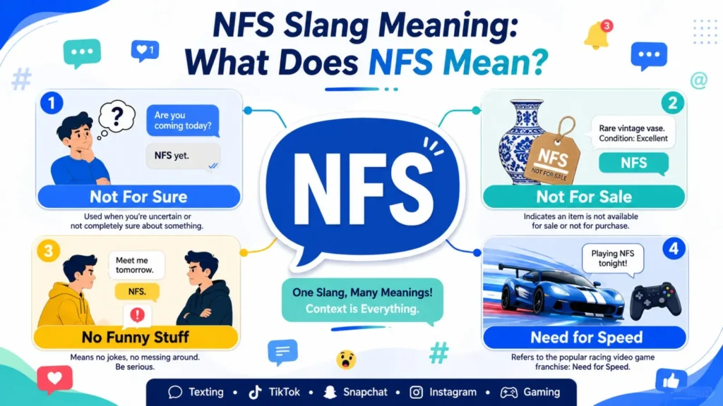 NFS slang meaning infographic explaining Not For Sure, Not For Sale, No Funny Stuff, and Need for Speed with examples for texting, social media, and gaming.