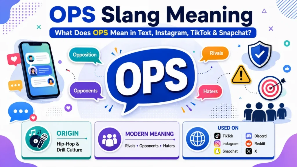 OPS Slang Meaning infographic explaining what OPS means in text messages, Instagram, TikTok, Snapchat, and other social media platforms.