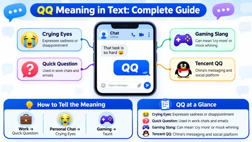 Infographic explaining QQ meaning in text, including crying eyes, Quick Question, gaming slang, Tencent QQ, and context-based examples.