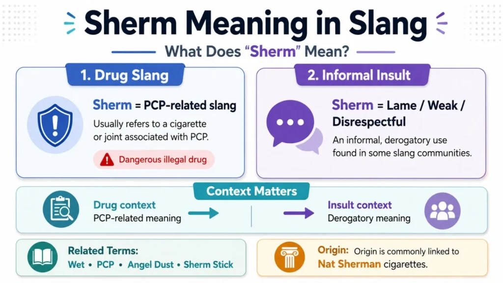 Sherm meaning in slang infographic explaining the PCP-related drug meaning, informal insult meaning, origin, and related terms.