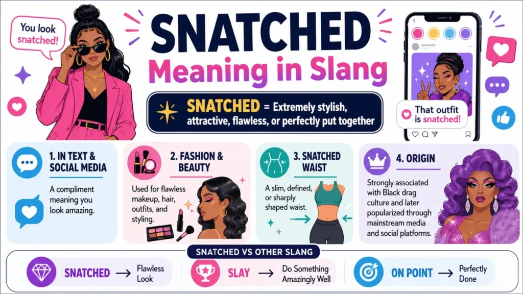Snatched Meaning in Slang infographic explaining the definition, origin, social media usage, fashion, makeup, and snatched waist meaning.