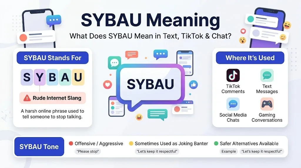 SYBAU Meaning infographic explaining what SYBAU means in text, TikTok, and social media chats with usage examples and tone explanation.