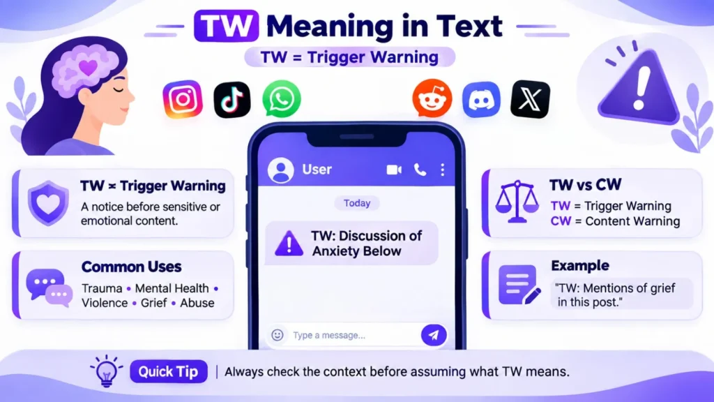 TW meaning in text infographic explaining Trigger Warning, TW vs CW, common uses, examples, and social media platforms like Instagram, TikTok, WhatsApp, Reddit, Discord, and X.
