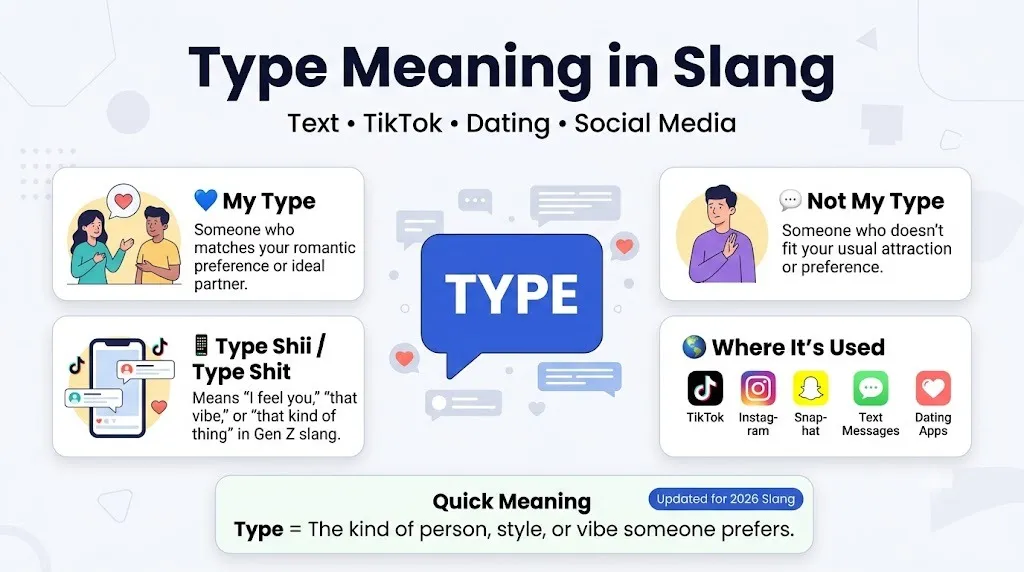 Type Meaning in Slang infographic explaining my type, not my type, type shii, and type shit meanings used in texting, TikTok, and dating conversations.